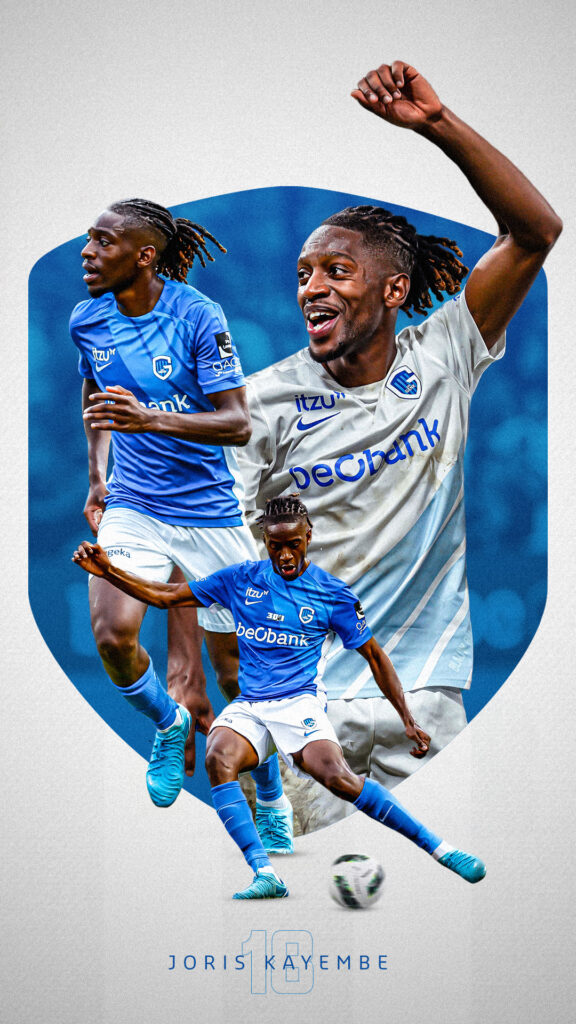 Sports graphic design of soccer player Joris Kayembe in KRC Genk shirt, dynamic player visual with action and energy