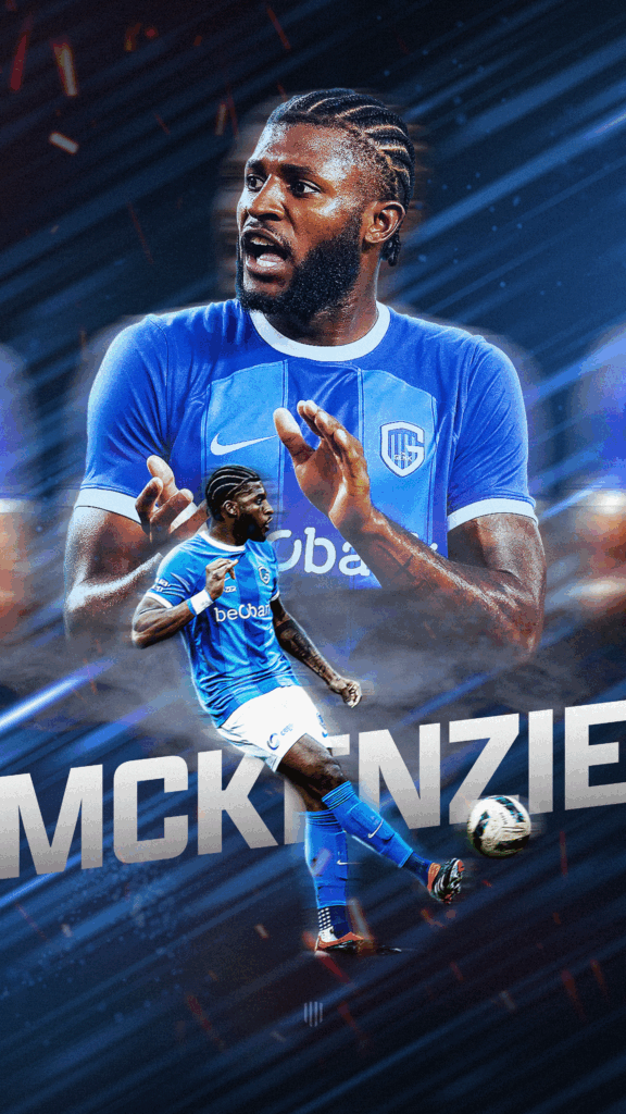 Sports graphic design of soccer player Mark McKenzie in KRC Genk shirt, dynamic player visual with action and focus