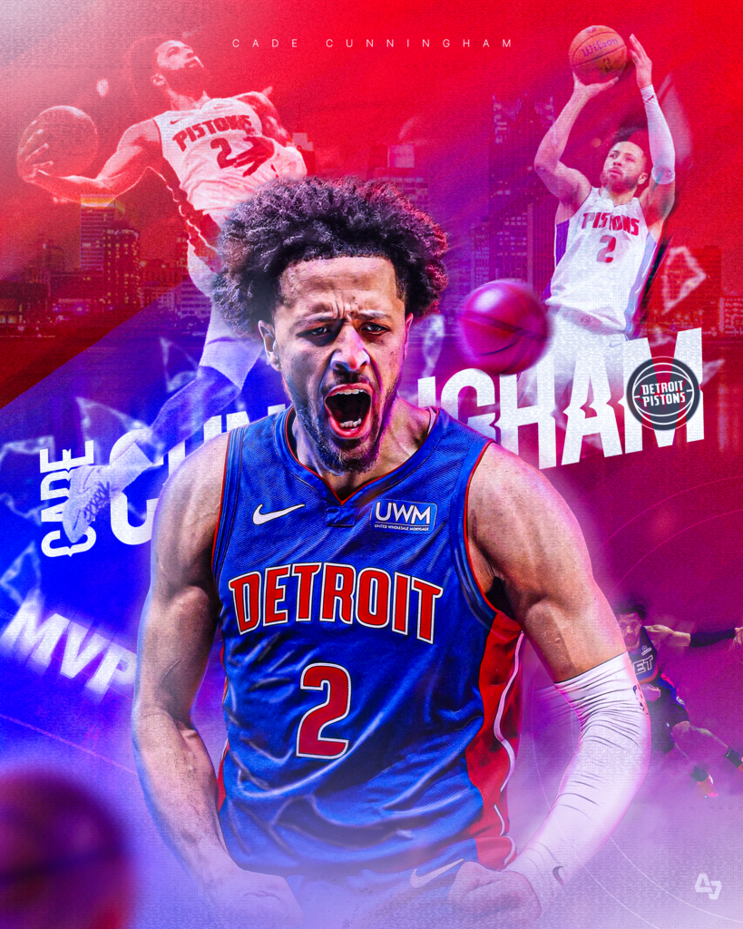 Sports graphic design of NBA player Cade Cunningham in a Detroit Pistons jersey, powerful player visual with action and emotion