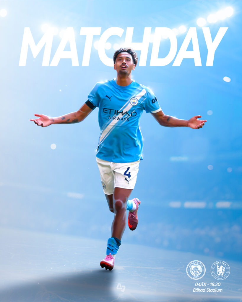 Matchday visual of Tijjani Reijnders in a Manchester City shirt running across the field cheering, designed as sports graphic design for a match against Chelsea.